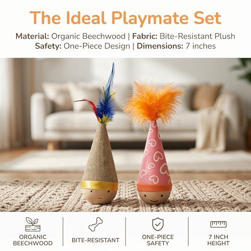 Self-Righting Pet Toy with Natural Wood Base and Durable Fabric Top, Featuring Feather Options and Playful Smile Design, Perfect for Indoor Cats and Small Dogs to Chase, Bat, and Enjoy Endless Fun. (Combo2)