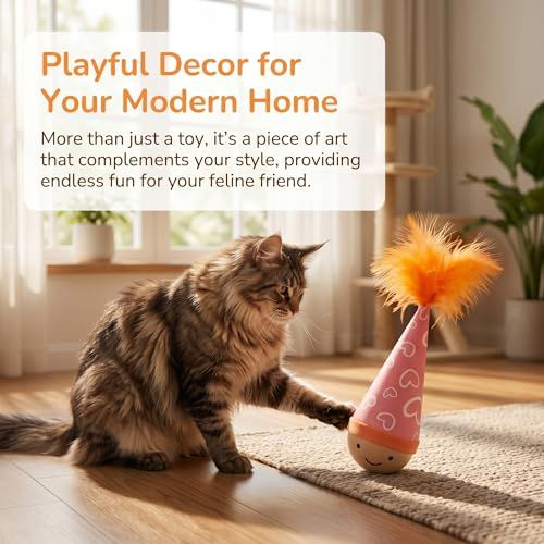 Self-Righting Pet Toy with Natural Wood Base and Durable Fabric Top, Featuring Feather Options and Playful Smile Design, Perfect for Indoor Cats and Small Dogs to Chase, Bat, and Enjoy Endless Fun. (Combo2)