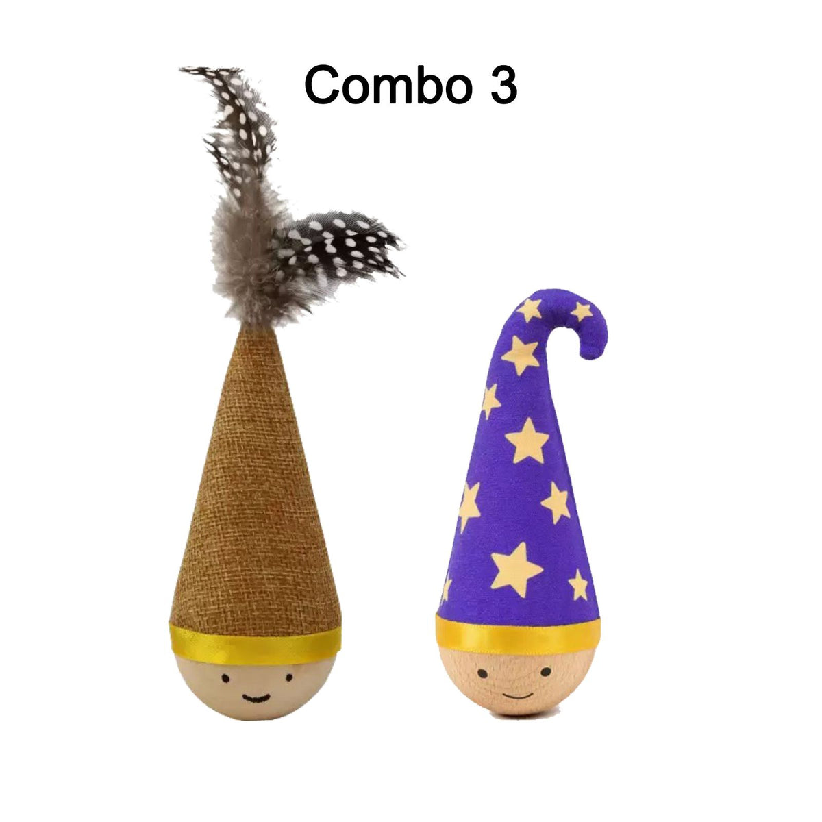 Self-Righting Pet Toy with Natural Wood Base and Durable Fabric Top, Featuring Feather Options and Playful Smile Design, Perfect for Indoor Cats and Small Dogs to Chase, Bat, and Enjoy Endless Fun. (Combo2)
