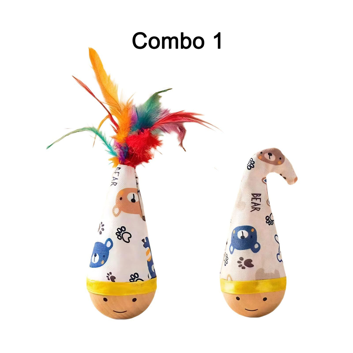 Self-Righting Pet Toy with Natural Wood Base and Durable Fabric Top, Featuring Feather Options and Playful Smile Design, Perfect for Indoor Cats and Small Dogs to Chase, Bat, and Enjoy Endless Fun. (Combo2)