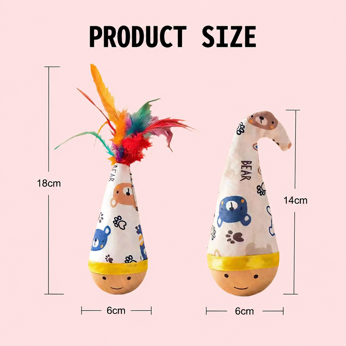 Self-Righting Pet Toy with Natural Wood Base and Durable Fabric Top, Featuring Feather Options and Playful Smile Design, Perfect for Indoor Cats and Small Dogs to Chase, Bat, and Enjoy Endless Fun. (Combo2)