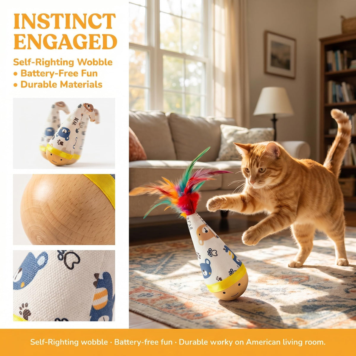 Self-Righting Pet Toy with Natural Wood Base and Durable Fabric Top, Featuring Feather Options and Playful Smile Design, Perfect for Indoor Cats and Small Dogs to Chase, Bat, and Enjoy Endless Fun. (Combo3)