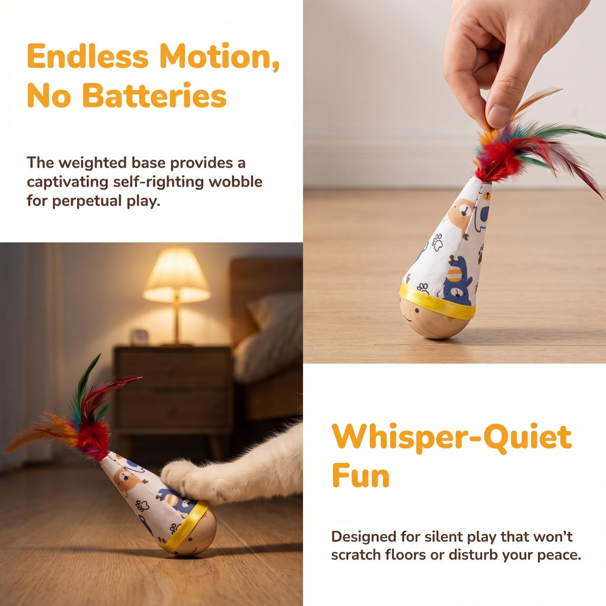 Self-Righting Pet Toy with Natural Wood Base and Durable Fabric Top, Featuring Feather Options and Playful Smile Design, Perfect for Indoor Cats and Small Dogs to Chase, Bat, and Enjoy Endless Fun. (Combo3)