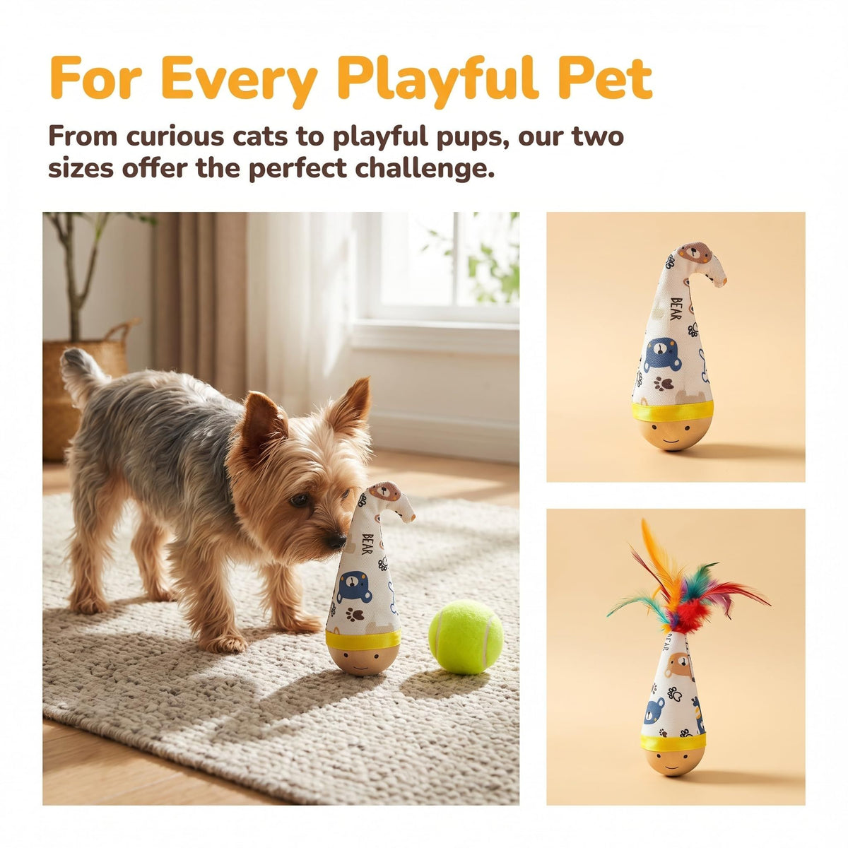 Self-Righting Pet Toy with Natural Wood Base and Durable Fabric Top, Featuring Feather Options and Playful Smile Design, Perfect for Indoor Cats and Small Dogs to Chase, Bat, and Enjoy Endless Fun. (Combo3)