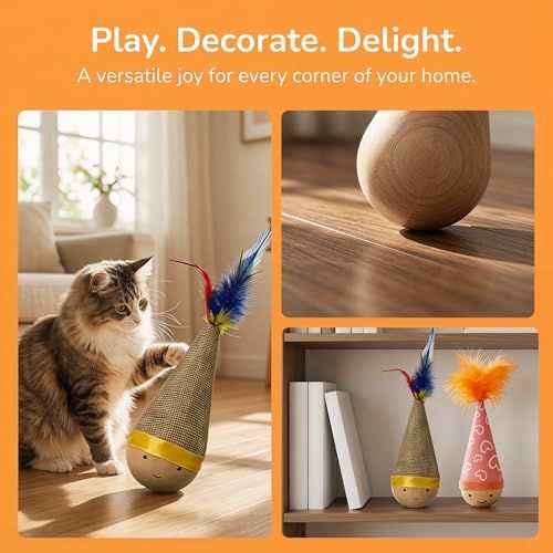 Self-Righting Pet Toy with Natural Wood Base and Durable Fabric Top, Featuring Feather Options and Playful Smile Design, Perfect for Indoor Cats and Small Dogs to Chase, Bat, and Enjoy Endless Fun. (Combo3)