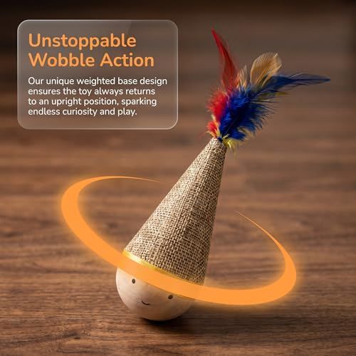 Self-Righting Pet Toy with Natural Wood Base and Durable Fabric Top, Featuring Feather Options and Playful Smile Design, Perfect for Indoor Cats and Small Dogs to Chase, Bat, and Enjoy Endless Fun. (Combo3)