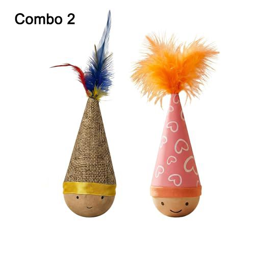 Self-Righting Pet Toy with Natural Wood Base and Durable Fabric Top, Featuring Feather Options and Playful Smile Design, Perfect for Indoor Cats and Small Dogs to Chase, Bat, and Enjoy Endless Fun. (Combo3)