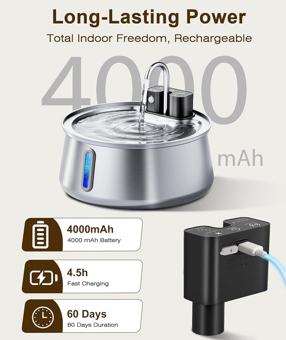 Wireless Pet Water Fountain with 4L Capacity, 304 Stainless Steel, Smart Sensor Water Circulation, Rechargeable Battery, and Type-C Charging for Cats and Dogs in Indoor Spaces (E3)