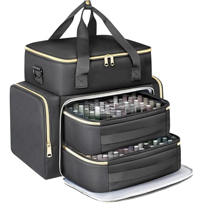 Large Capacity Nail Polish Organizer Bag Double Layer Portable Storage Case with Sponge Dividers for Manicure Tools Cosmetics and Travel Use (Black)
