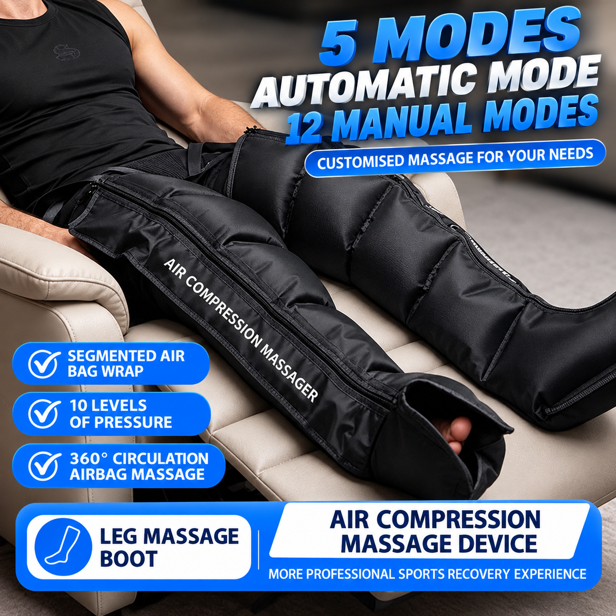 Air Compression Leg Massager Boots for Post-Workout Recovery and Daily Leg Relaxation, Full-Wrap Design with Breathable Fabric and Easy-Grip Zipper, Ideal for Gym and Home Use (A Pair)