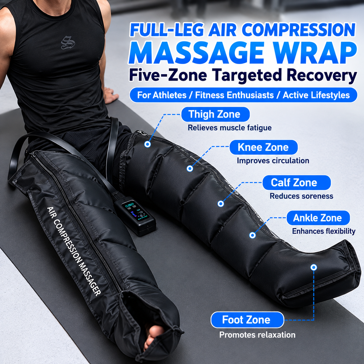 Air Compression Leg Massager Boots for Post-Workout Recovery and Daily Leg Relaxation, Full-Wrap Design with Breathable Fabric and Easy-Grip Zipper, Ideal for Gym and Home Use (Single)