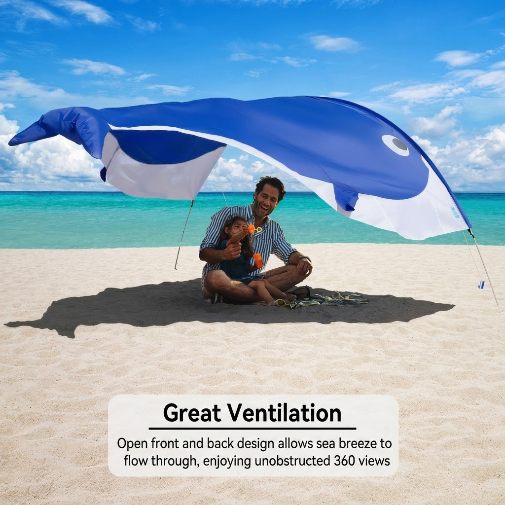 Whale-Shaped Beach Wind Shelter – Ultra-Light 1 kg Portable Sun Shade Tent, Spacious for 2-3 People, Quick Setup Open Design for Seaside Relaxation and Family Outings (Blue)