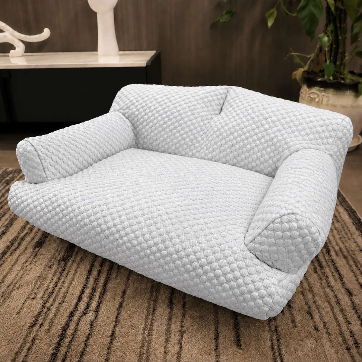Cooling Pet Sofa Bed for Cats and Dogs, Breathable Ice Silk Bean Fabric with Supportive Edges, Removable Washable Cover, Non-Slip Bottom, Ideal for Summer Lounging in Living Rooms and Bedrooms (Light Blue, L)