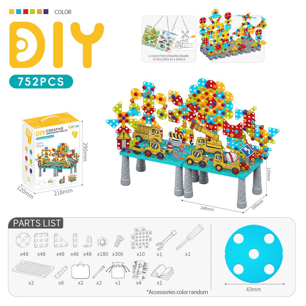 DIY Creative Screw Puzzle Building Block Table Set for Kids Ages 3+ – Educational STEM Toy with Colorful Plastic Pieces, Tools, and Bonus Drawing Board for Home Play and Skill Development (752PCS, Dinosaur)