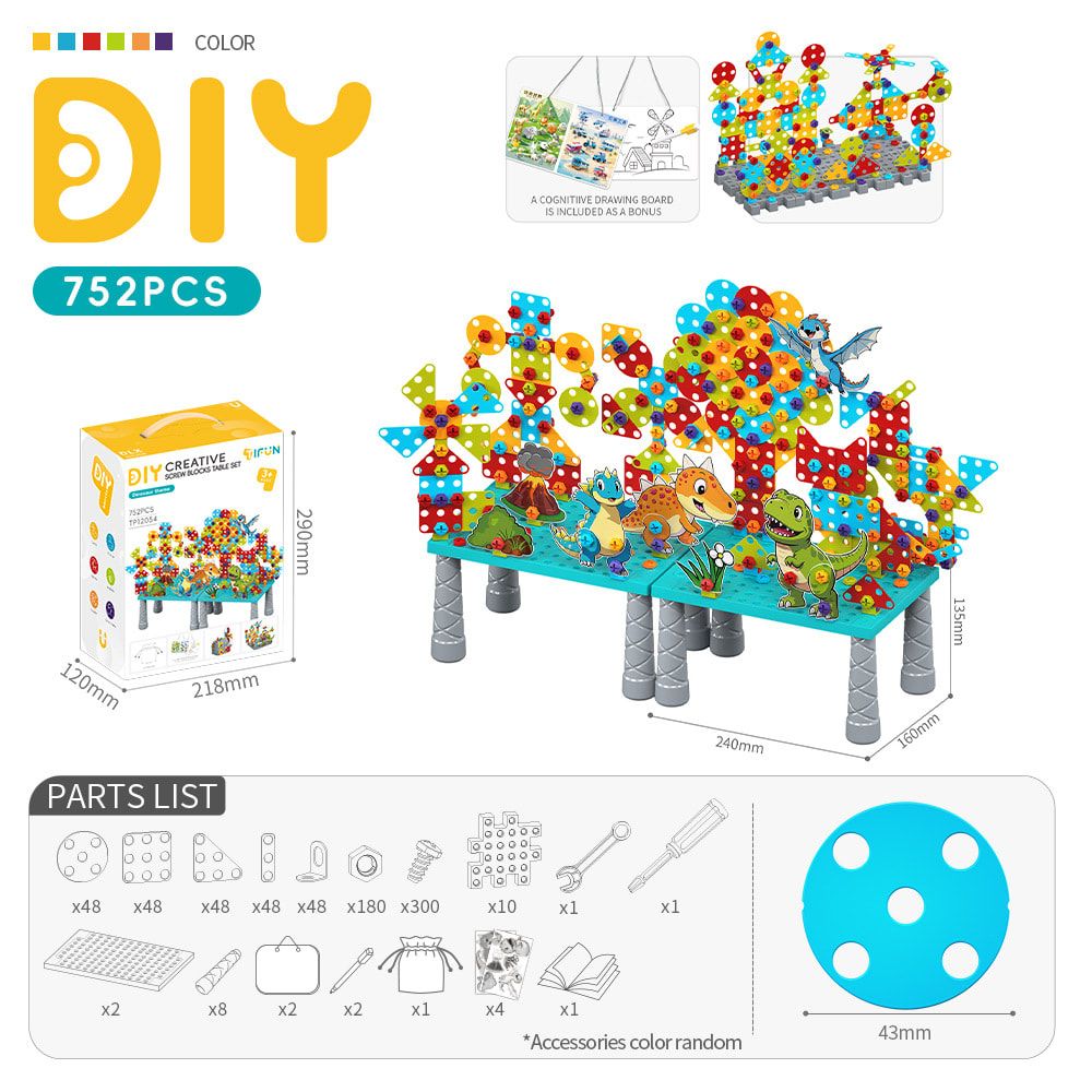DIY Creative Screw Puzzle Building Block Table Set for Kids Ages 3+ – Educational STEM Toy with Colorful Plastic Pieces, Tools, and Bonus Drawing Board for Home Play and Skill Development (752PCS, Engineering)