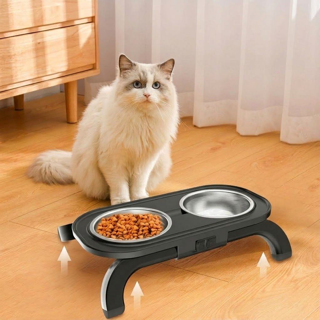 Adjustable Height Pet Food Bowl with Stainless Steel Double Bowls, Ergonomic Raised Cat Feeder for Indoor Cats and Small Dogs, Anti-Slip, Anti-Tip, and Easy-to-Clean Design (Black)