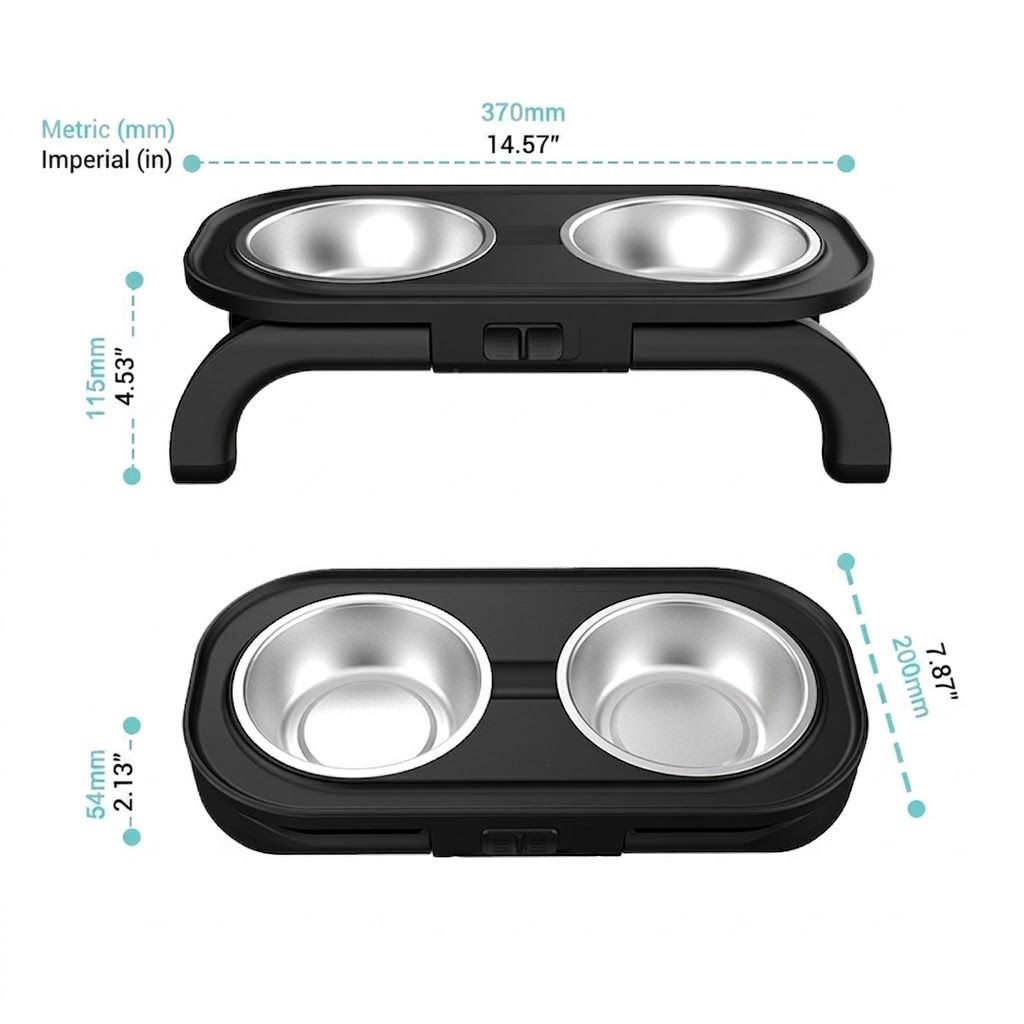 Adjustable Height Pet Food Bowl with Stainless Steel Double Bowls, Ergonomic Raised Cat Feeder for Indoor Cats and Small Dogs, Anti-Slip, Anti-Tip, and Easy-to-Clean Design (Black)