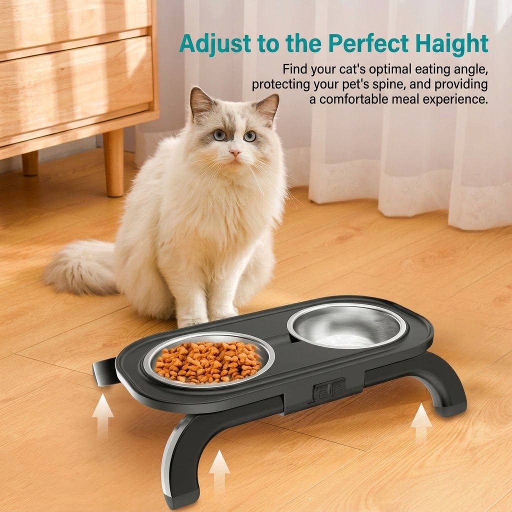 Adjustable Height Pet Food Bowl with Stainless Steel Double Bowls, Ergonomic Raised Cat Feeder for Indoor Cats and Small Dogs, Anti-Slip, Anti-Tip, and Easy-to-Clean Design (Black)