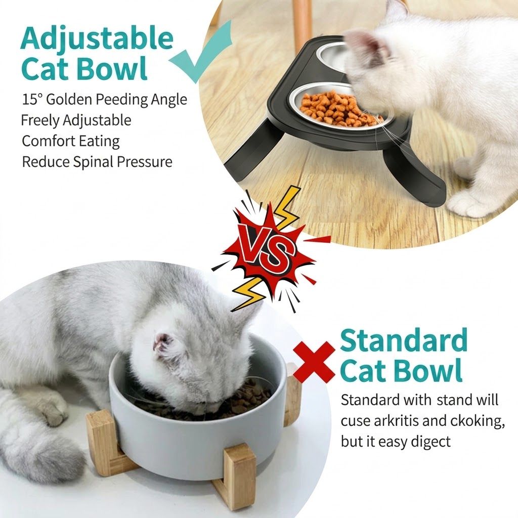Adjustable Height Pet Food Bowl with Stainless Steel Double Bowls, Ergonomic Raised Cat Feeder for Indoor Cats and Small Dogs, Anti-Slip, Anti-Tip, and Easy-to-Clean Design (Black)