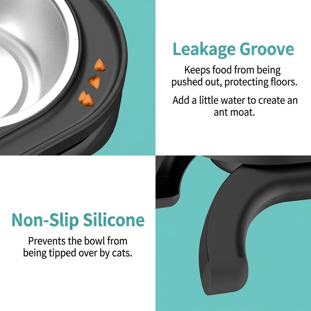 Adjustable Height Pet Food Bowl with Stainless Steel Double Bowls, Ergonomic Raised Cat Feeder for Indoor Cats and Small Dogs, Anti-Slip, Anti-Tip, and Easy-to-Clean Design (Black)