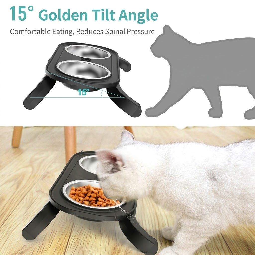 Adjustable Height Pet Food Bowl with Stainless Steel Double Bowls, Ergonomic Raised Cat Feeder for Indoor Cats and Small Dogs, Anti-Slip, Anti-Tip, and Easy-to-Clean Design (Black)