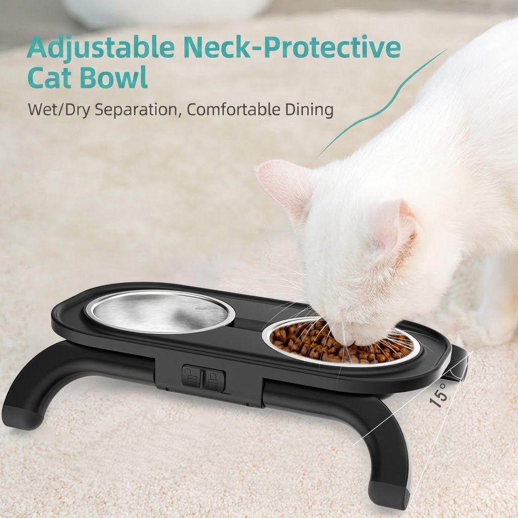 Adjustable Height Pet Food Bowl with Stainless Steel Double Bowls, Ergonomic Raised Cat Feeder for Indoor Cats and Small Dogs, Anti-Slip, Anti-Tip, and Easy-to-Clean Design (Black)