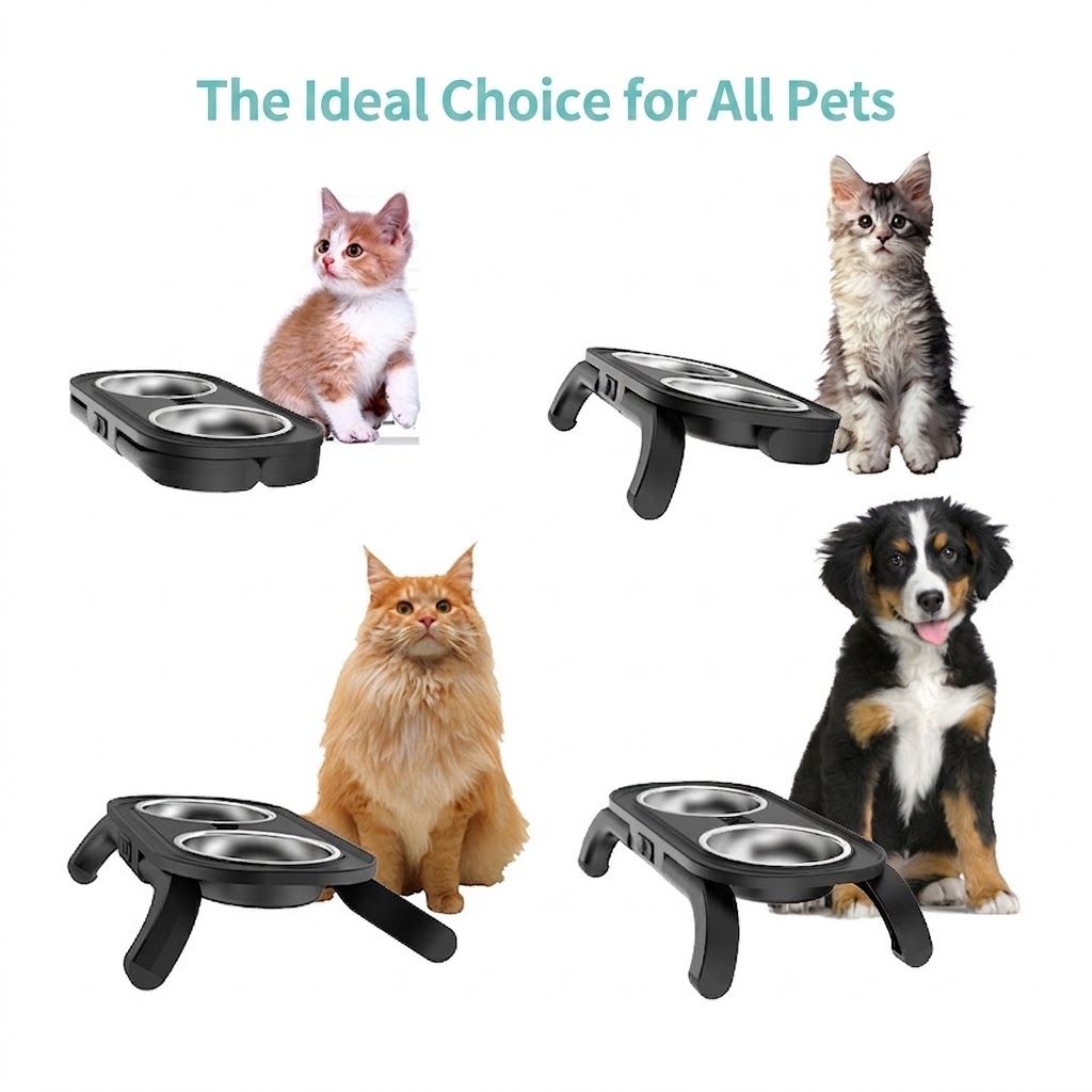 Adjustable Height Pet Food Bowl with Stainless Steel Double Bowls, Ergonomic Raised Cat Feeder for Indoor Cats and Small Dogs, Anti-Slip, Anti-Tip, and Easy-to-Clean Design (Black)