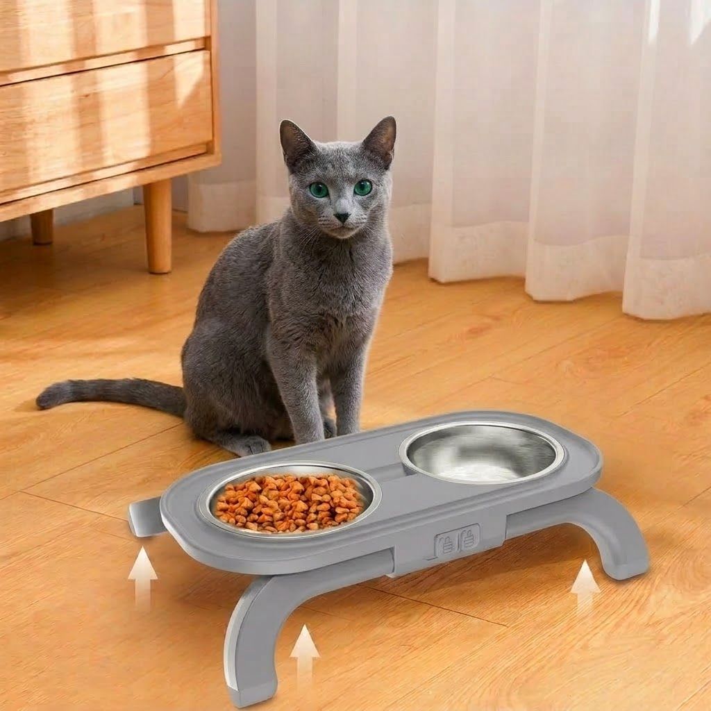 Adjustable Height Pet Food Bowl with Stainless Steel Double Bowls, Ergonomic Raised Cat Feeder for Indoor Cats and Small Dogs, Anti-Slip, Anti-Tip, and Easy-to-Clean Design (Black)