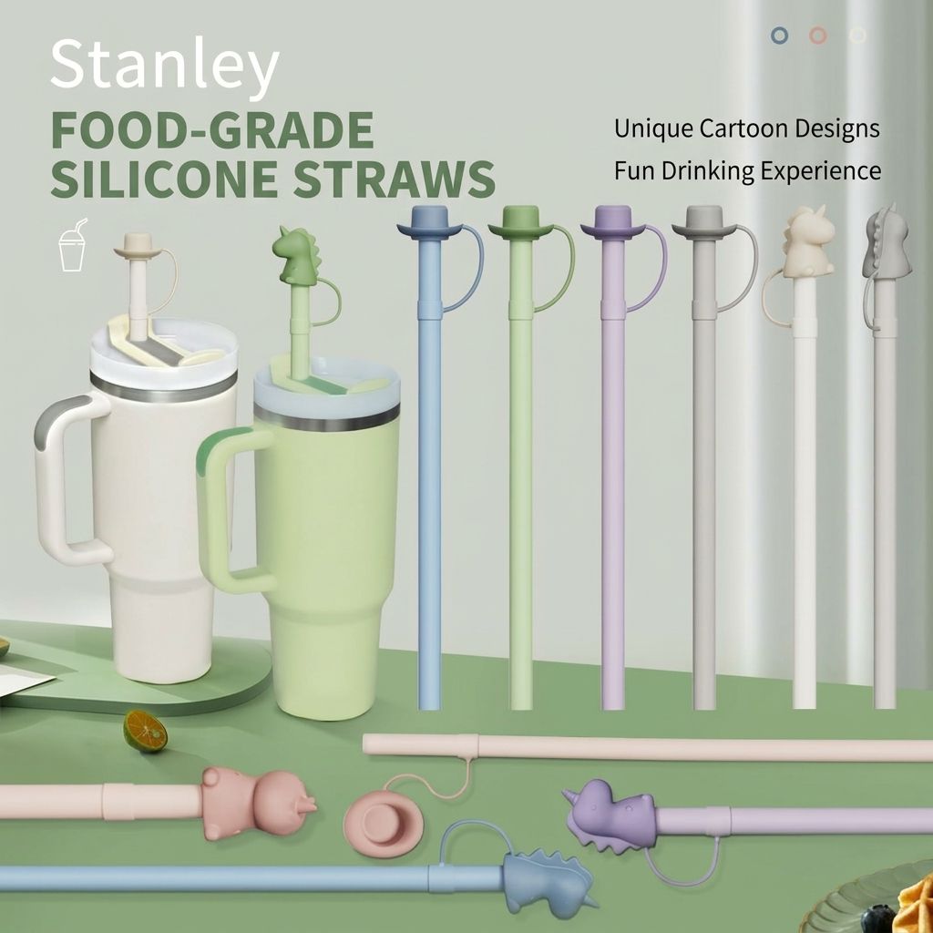 Colorful Food-Grade Silicone Straws Compatible with Stanley Tumbler, Reusable Bendable Drinking Straws with Cute Dust-Proof Cap, Ideal for Everyday Hydration with Lid Cups, Fun and Eco-Friendly Straw Set (Dinosaur style, Cream(6PCS))