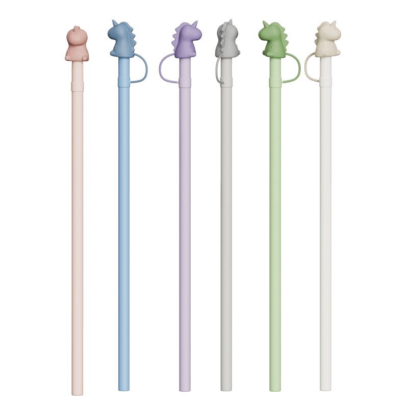 Colorful Food-Grade Silicone Straws Compatible with Stanley Tumbler, Reusable Bendable Drinking Straws with Cute Dust-Proof Cap, Ideal for Everyday Hydration with Lid Cups, Fun and Eco-Friendly Straw Set (Dinosaur style, Gray(6PCS))