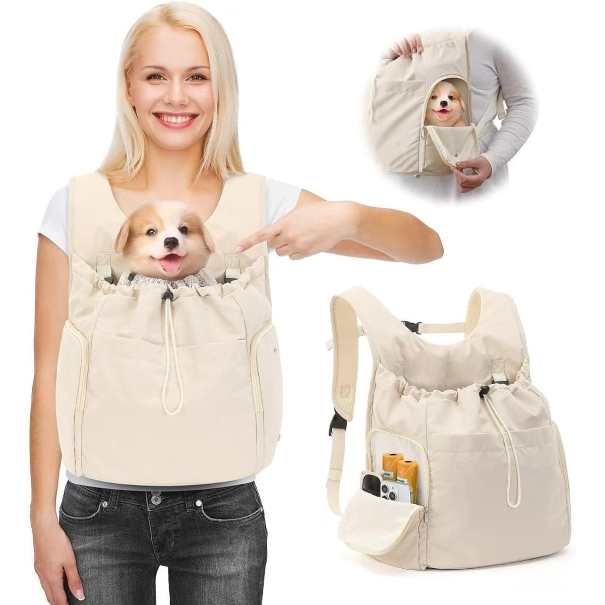 Versatile Front and Back Wearable Pet Carrier Backpack with Breathable Mesh and Multiple Storage Pockets for Small Dogs and Medium Cats Outdoor Walking Travel and Daily Errands (Beige)