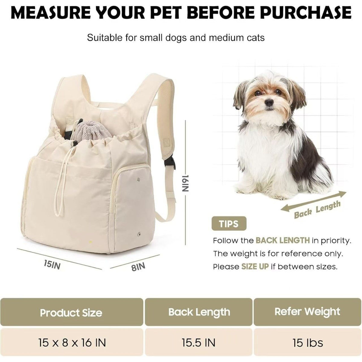 Versatile Front and Back Wearable Pet Carrier Backpack with Breathable Mesh and Multiple Storage Pockets for Small Dogs and Medium Cats Outdoor Walking Travel and Daily Errands (Beige)