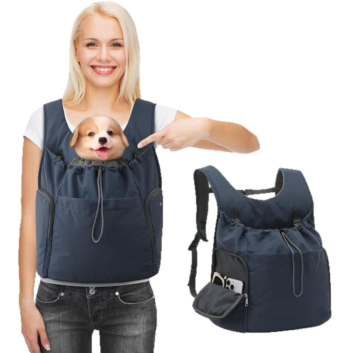Versatile Front and Back Wearable Pet Carrier Backpack with Breathable Mesh and Multiple Storage Pockets for Small Dogs and Medium Cats Outdoor Walking Travel and Daily Errands (Navy)