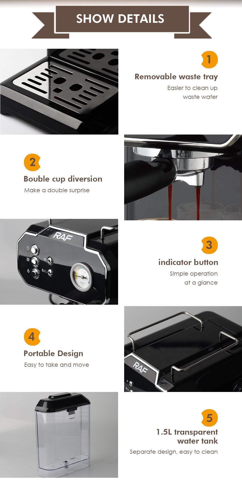Semi-Automatic Espresso Coffee Machine with Steam Wand for Home and Small Office Use, Dual Cup Extraction, Milk Frother for Cappuccino Latte Macchiato (Black)