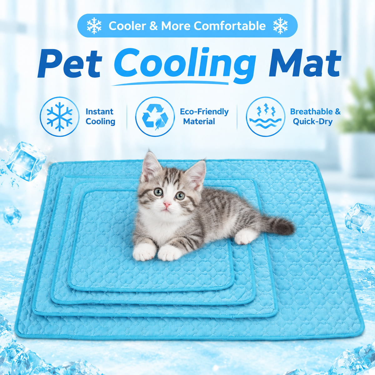Cooling Pet Mat for Dogs and Cats, Summer Heat Relief Bed Pad with Breathable Mesh and Soothing Gel Layer, Ideal for Sofa Floor Crate Car Seat and Outdoor Use (Blue, M)