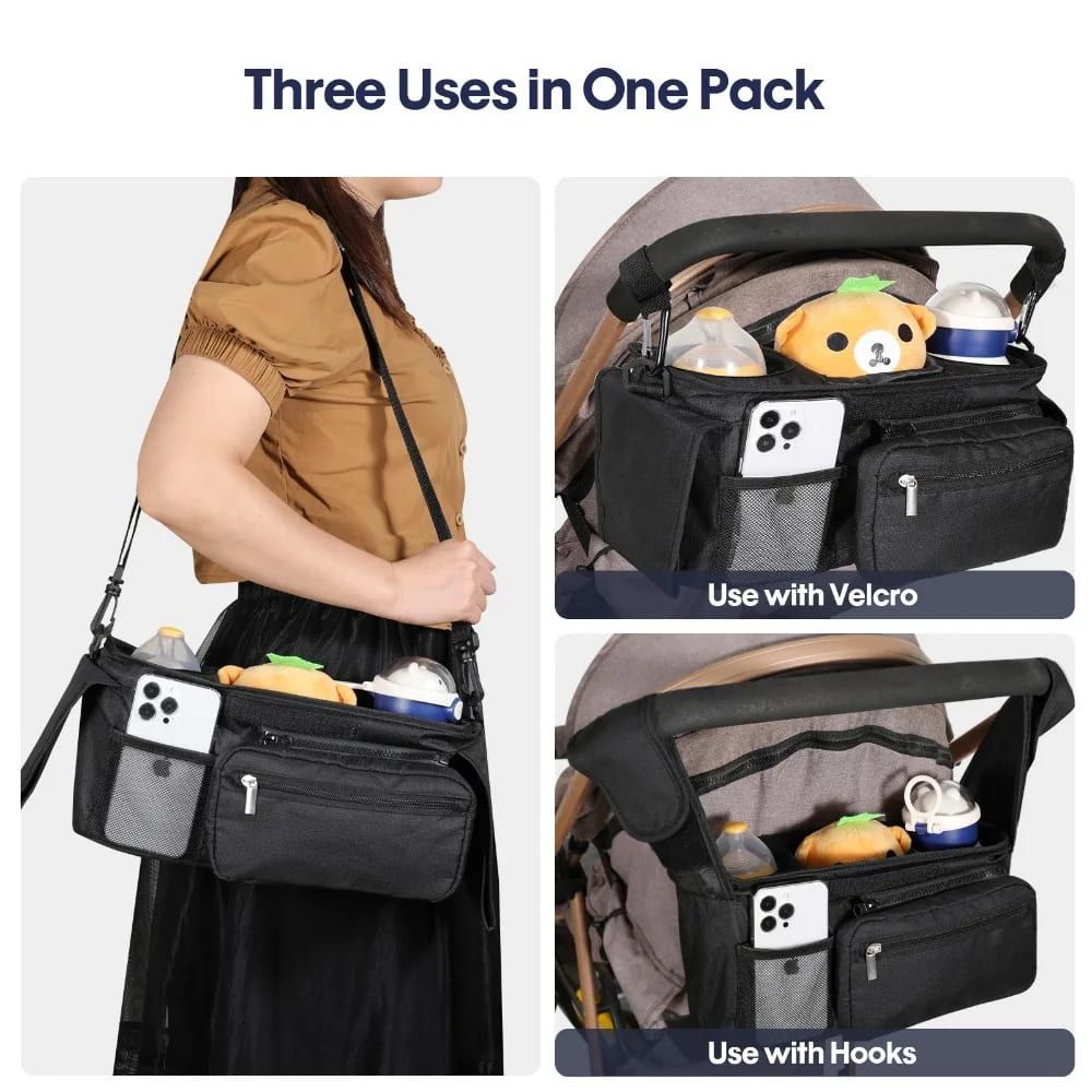 Multifunctional Stroller Organizer Bag – Universal Hanging Storage Pouch with Insulated Bottle Holder, Detachable Pouch, and Adjustable Straps, Doubles as a Crossbody Diaper Bag for On-the-Go Convenience (Black)