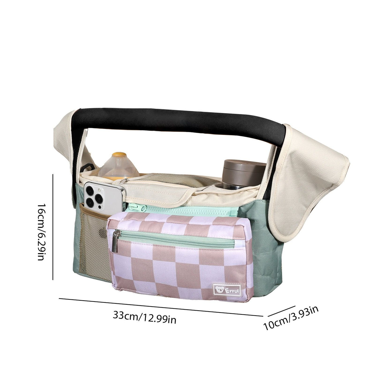 Multifunctional Stroller Organizer Bag – Universal Hanging Storage Pouch with Insulated Bottle Holder, Detachable Pouch, and Adjustable Straps, Doubles as a Crossbody Diaper Bag for On-the-Go Convenience (Black)
