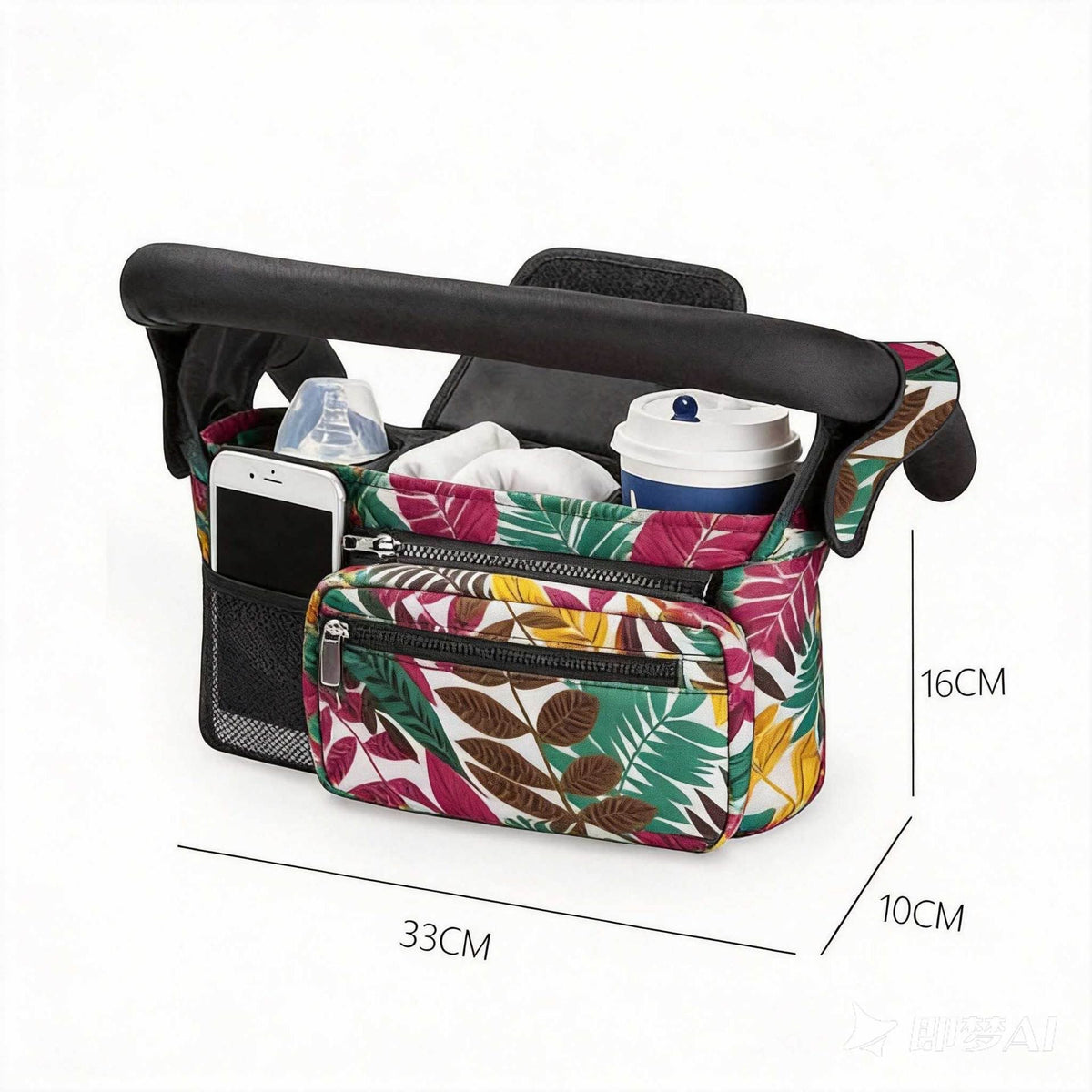 Multifunctional Stroller Organizer Bag – Universal Hanging Storage Pouch with Insulated Bottle Holder, Detachable Pouch, and Adjustable Straps, Doubles as a Crossbody Diaper Bag for On-the-Go Convenience (Black)