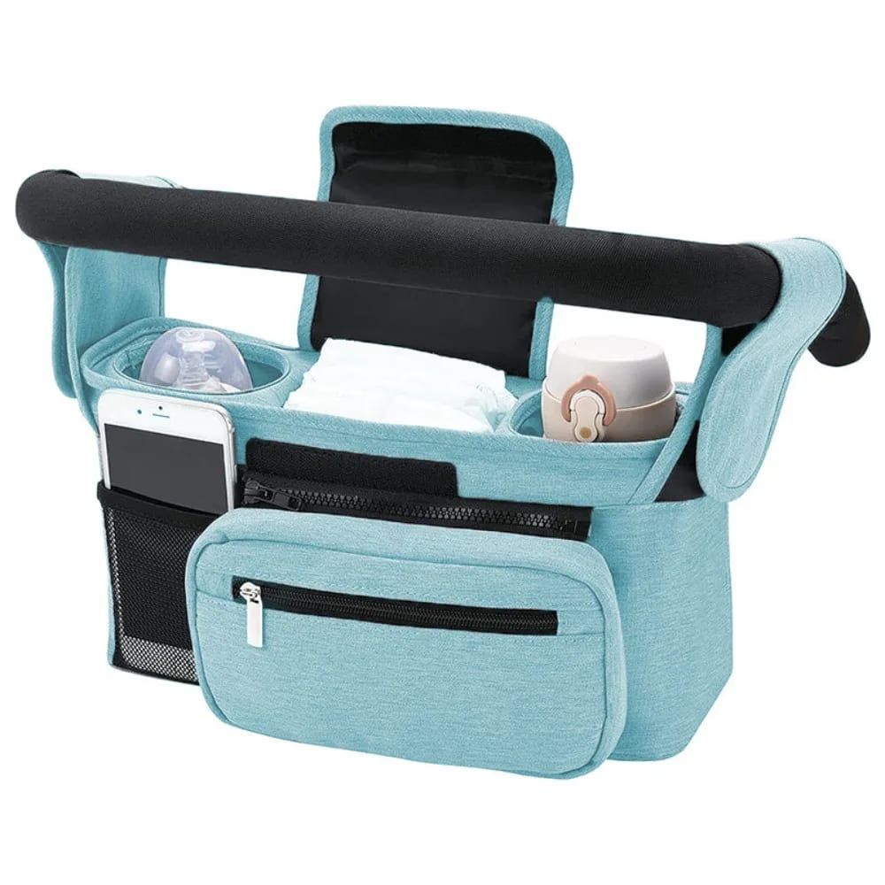 Multifunctional Stroller Organizer Bag – Universal Hanging Storage Pouch with Insulated Bottle Holder, Detachable Pouch, and Adjustable Straps, Doubles as a Crossbody Diaper Bag for On-the-Go Convenience (Blue)