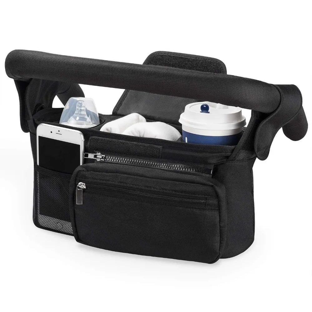 Multifunctional Stroller Organizer Bag – Universal Hanging Storage Pouch with Insulated Bottle Holder, Detachable Pouch, and Adjustable Straps, Doubles as a Crossbody Diaper Bag for On-the-Go Convenience (Pink)