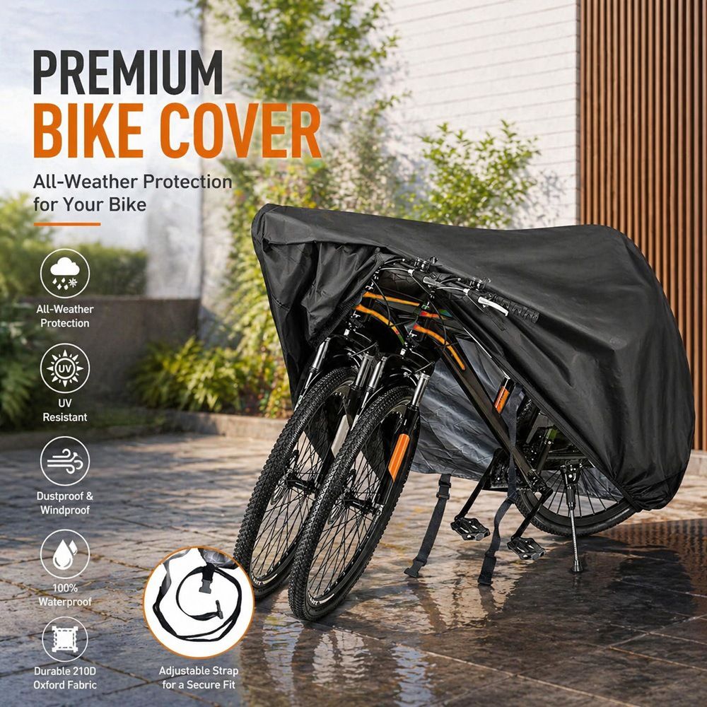 210D Oxford Fabric Bike Cover Waterproof Sunproof Dustproof Outdoor Bicycle Protector for Mountain Road Bikes All-Weather Protection with Orange Handle (190×65×98cm, Black)
