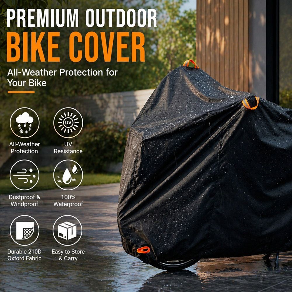 210D Oxford Fabric Bike Cover Waterproof Sunproof Dustproof Outdoor Bicycle Protector for Mountain Road Bikes All-Weather Protection with Orange Handle (Triple Bikes (200×105×110cm), Black)
