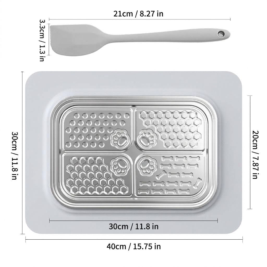 Slow Feeder Licking Mat for Pets with Stainless Steel Tray, Anti-Slip Silicone Base, and Spatula – Multi-Zone Textured Surface for Dry Food, Wet Food, and Treats, Slows Down Eating to Support Healthy Digestion for Cats and Dogs (Silver)