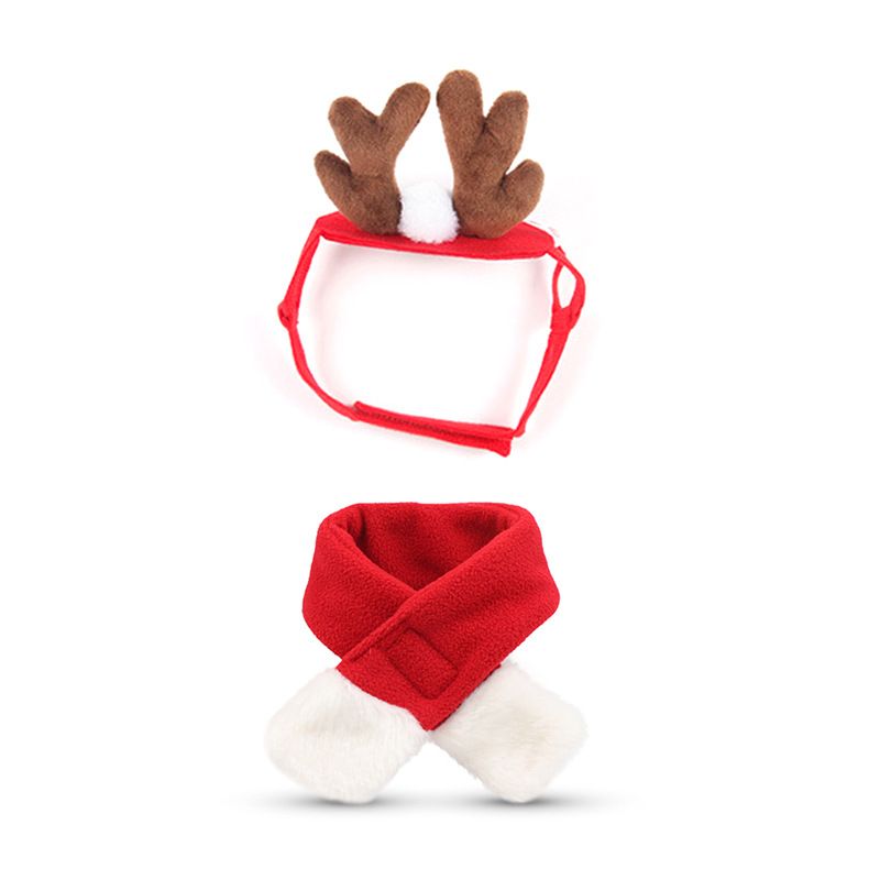 Christmas Pet Costume Set with Reindeer Antler Headband Santa Hat Scarf and Cape for Small Cats and Dogs Holiday Photo Outfit (Antlers + Scarf Set)