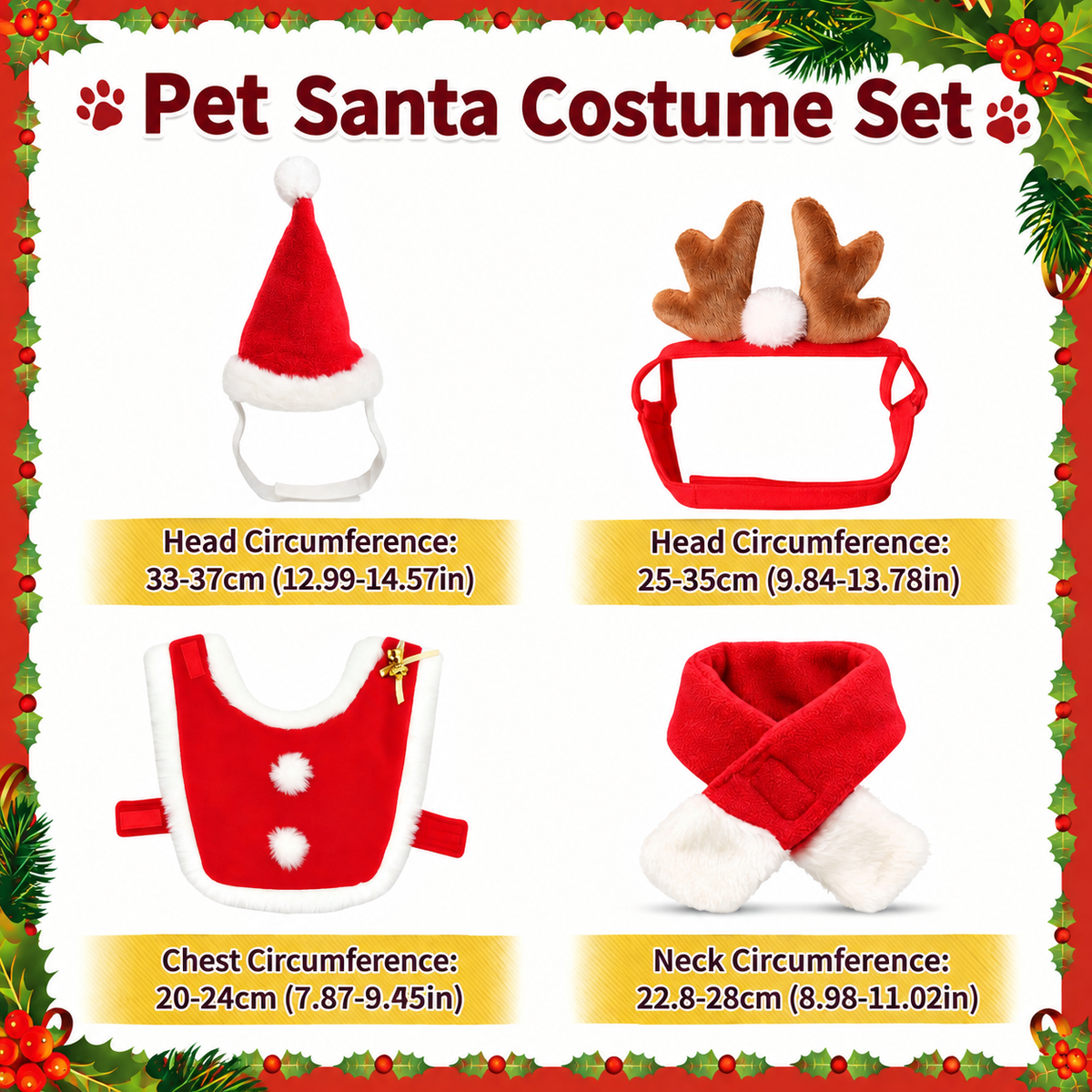 Christmas Pet Costume Set with Reindeer Antler Headband Santa Hat Scarf and Cape for Small Cats and Dogs Holiday Photo Outfit (Scarf)