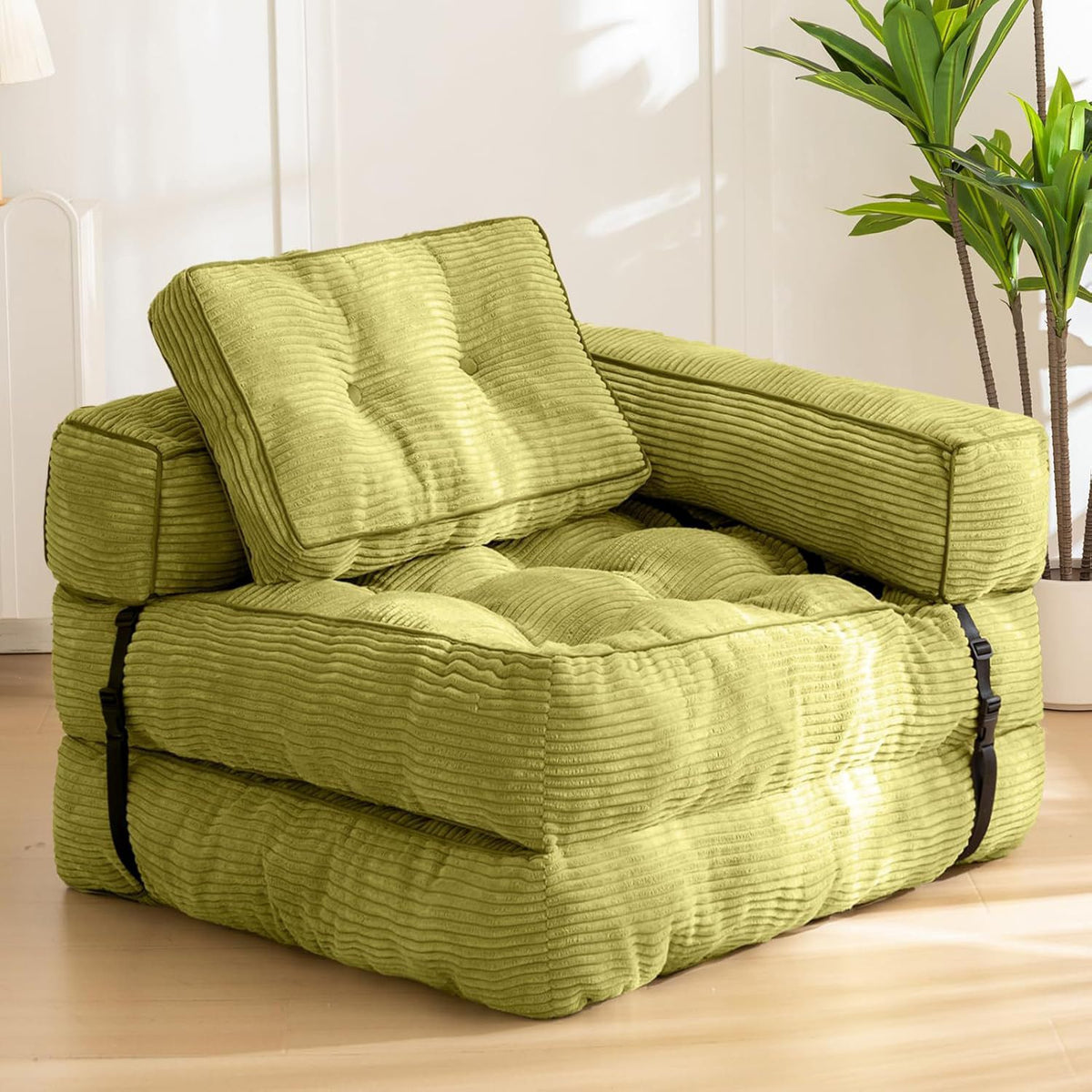 Foldable Corduroy Sofa Bed with Tufted Buttons and Side Buckle Straps, Convertible Lounger for Reading, Gaming, Napping and Relaxing in Living Rooms (DarkGrey)