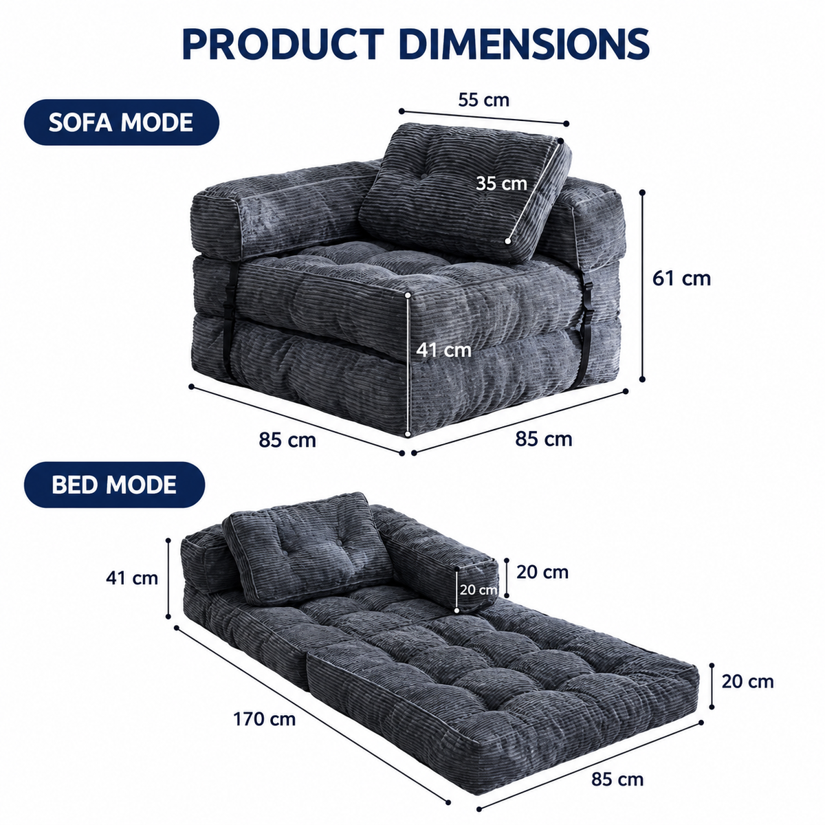 Foldable Corduroy Sofa Bed with Tufted Buttons and Side Buckle Straps, Convertible Lounger for Reading, Gaming, Napping and Relaxing in Living Rooms (Green)
