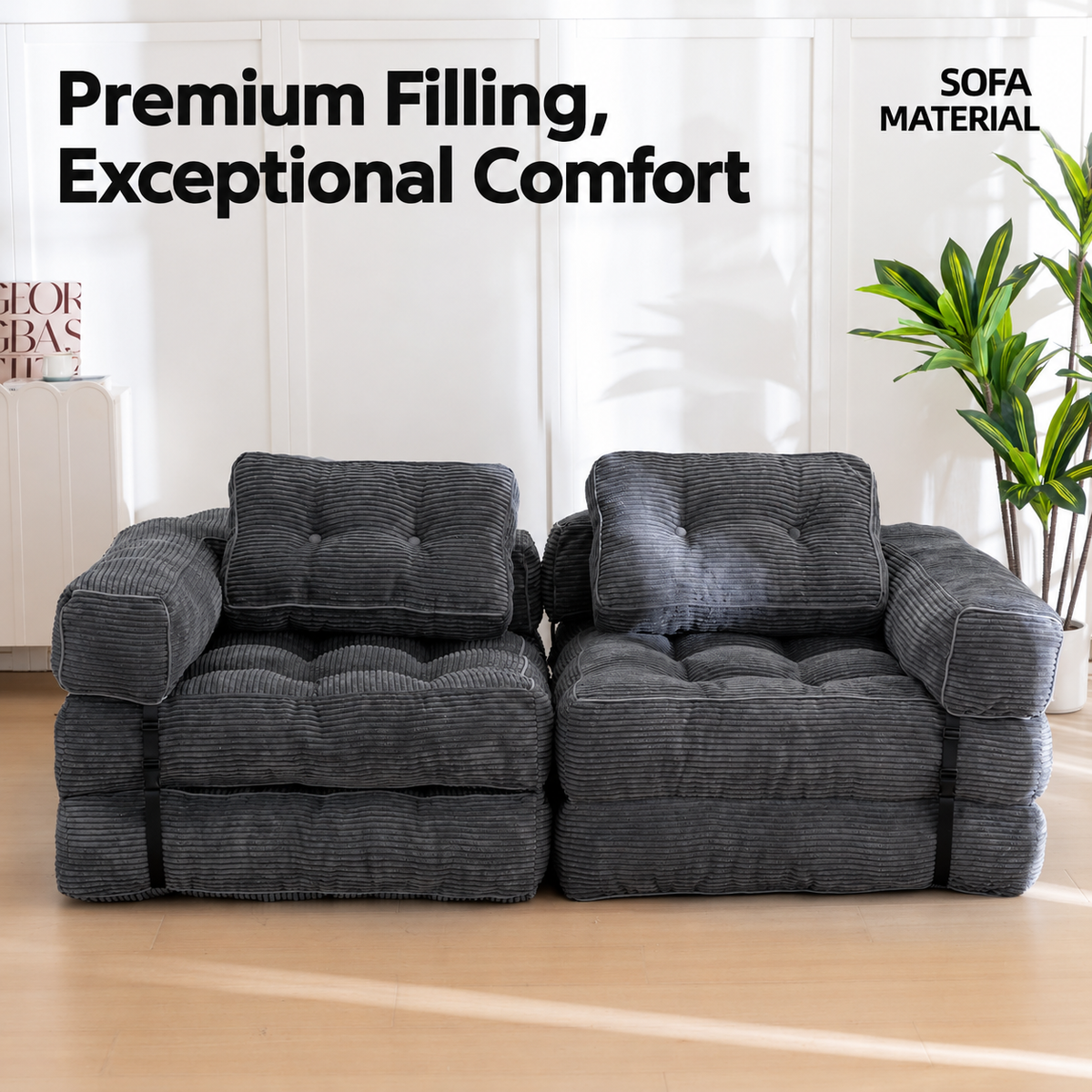 Foldable Corduroy Sofa Bed with Tufted Buttons and Side Buckle Straps, Convertible Lounger for Reading, Gaming, Napping and Relaxing in Living Rooms (Green)