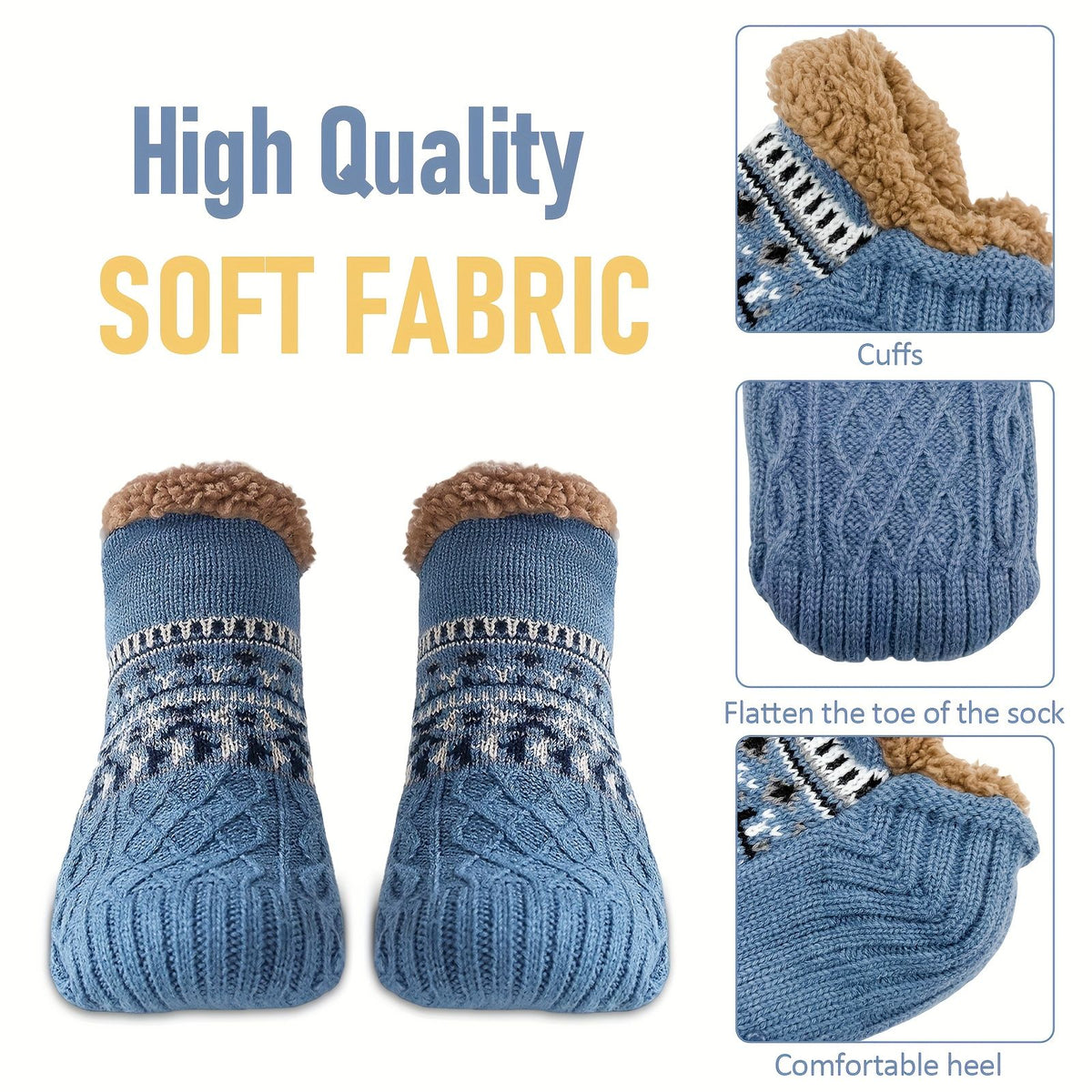 Men's Fleece-Lined Anti-Slip House Socks – Warm, Cozy, and Secure for Indoor Wear with Plush Sherpa Lining and Silicone Grip Dots (L, Blue)