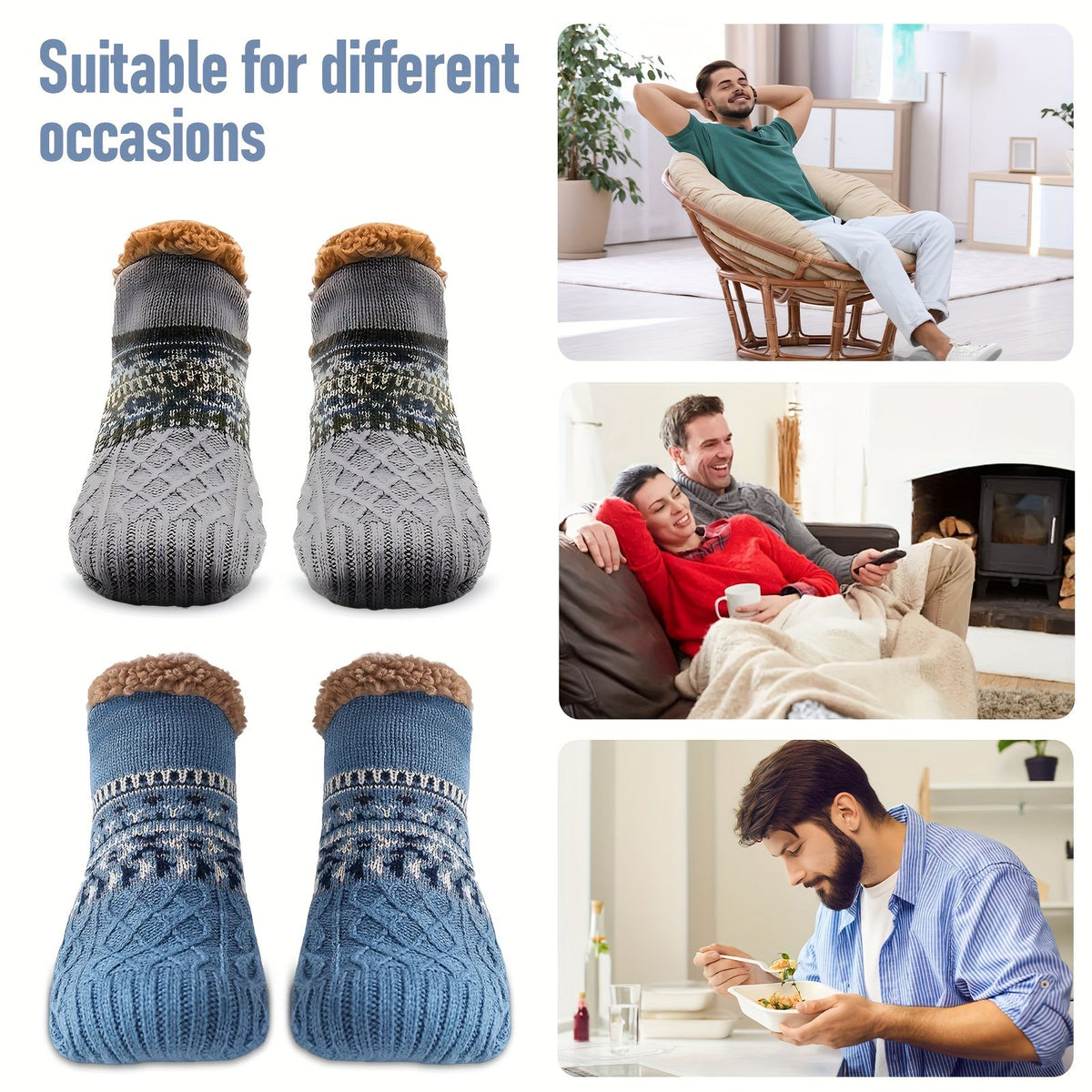 Men's Fleece-Lined Anti-Slip House Socks – Warm, Cozy, and Secure for Indoor Wear with Plush Sherpa Lining and Silicone Grip Dots (S, Grey)